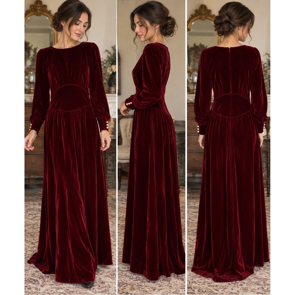 Antique 1930s Velvet Evening Gown Burgundy Red Long Sleeve Art Deco Maxi Dress